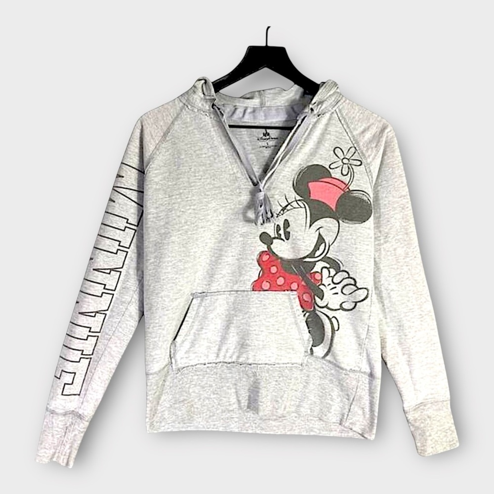 Disney Parks Minnie Mouse Cropped Hoodie Womens L Gray Graphic Sweatshirt